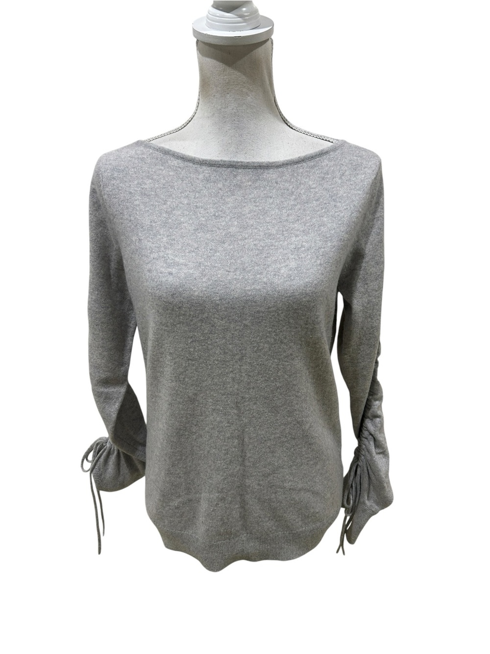 Club Monaco 100% cashmere gray Sweater ruched sleeves with ties size medium